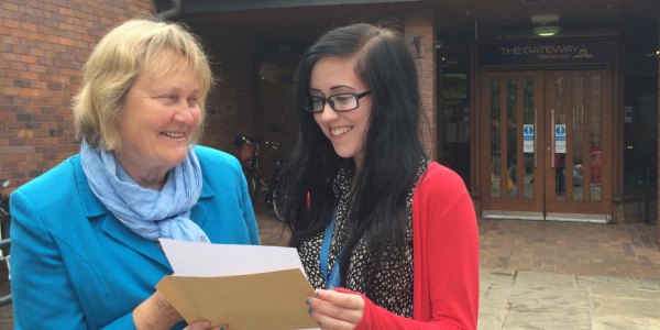 Wendy Hayes, GCSE course tutor at County Training and County Training GCSE student Chloe Jones getting her results