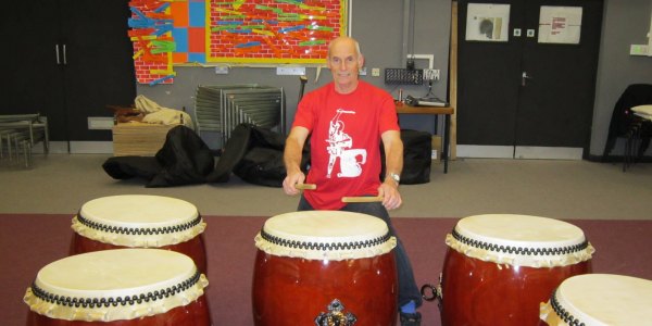 Martin Fischer with his new taiko drums