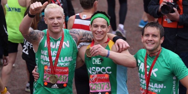 Marcus Bean, centre, with Iwan Thomas and Jack Ashton after running London Marathon