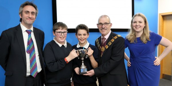 (from left): Judge Jim Tindal, Barney Cansdale, Louis Harris, Councillor Ioan Jones and Holly Edwards.