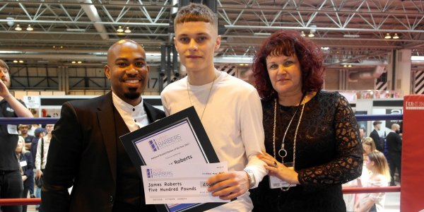 Barber of the Year - (L-R Chris Foster, BBA Director; James Roberts and Lynda Whitehorn from VTCT)