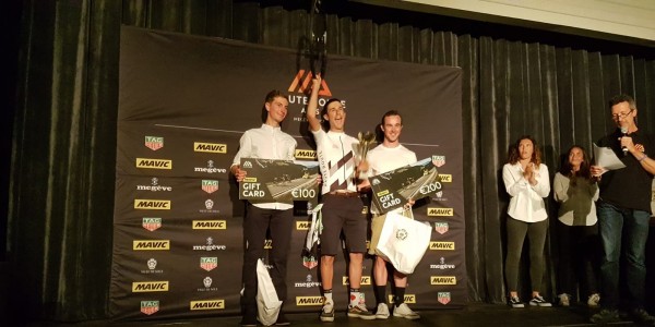 Liam Holohan, left, on the podium after coming third in the 2018 Haute Route Alps