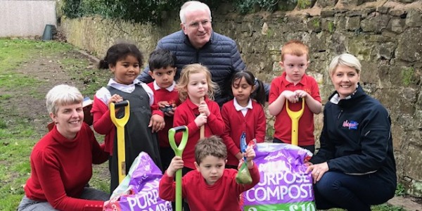 L to R - Christobel Cousins, headteacher at Lilleshall School, Robert Watson Jones, Chairman of Trustees at Newport & District Agricultural Society, and Sally Western, Show Manager for Newport Show with school children
