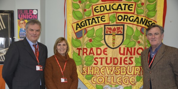 L-R Steve Bradfield and Jean Parkes, TUS teachers AT Shrewsbury Colleges Group and Mike Edwards, Head of Trade Union Studies small