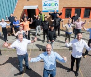 The AceOn team celebrate making the final five in the awards at the company’s Telford headquarters