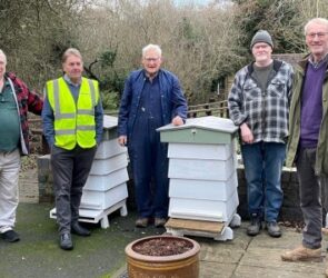 SBKA Apiary Manager Ivor Huckin, Carl Davies from Pave Aways and Shropshire Beekeeping Association members Dave Bourne, John Connolly and Will Jones