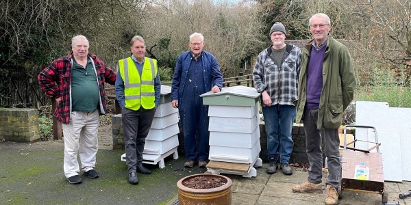 SBKA Apiary Manager Ivor Huckin, Carl Davies from Pave Aways and Shropshire Beekeeping Association members Dave Bourne, John Connolly and Will Jones