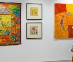 Interconnections 4, array of woven tapestry art at Granary Art Gallery, Weston Park