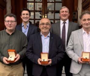 Martin Weaver, Phil Griffiths and Pete Allworth celebrate 25 years of service with Chris and Robin Morris