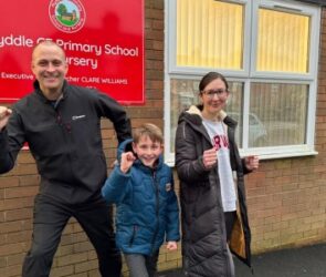 Paul Glover – Deputy Headteacher at Myddle Primary School, Madeleine Good - PTA Chairperson, and her son Oliver Good who will be taking part