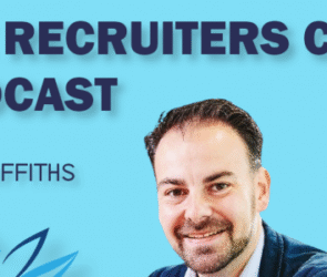 podcast launch photo of rob griffiths sitting at desk with laptop and blue orchid recruitment logo