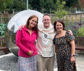Beth Heath and Clare Wells from Shropshire Festivals with Mike McDonald from Whitchurch Town Council at Jubilee Park
