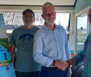 Ged Kennedy of Shropshire Community Foundation, centre, with Merlin Thomas, left, and Simon Rouse of Shrewsbury Men's Shed crop