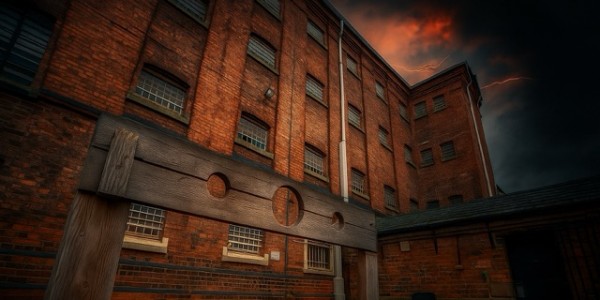 An eerie atmospheric image of Shrewsbury Prison A-Wing from C-Wing yard with stocks in the foreground